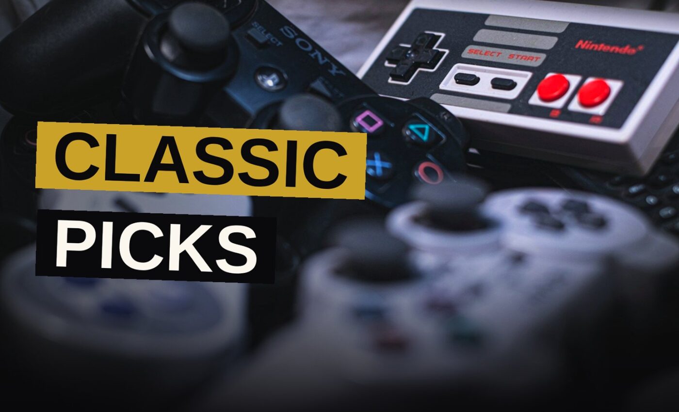 A colorful arrangement of retro video game cartridges and controllers on a bright background.