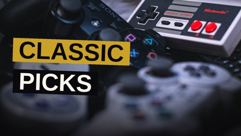 A colorful arrangement of retro video game cartridges and controllers on a bright background.
