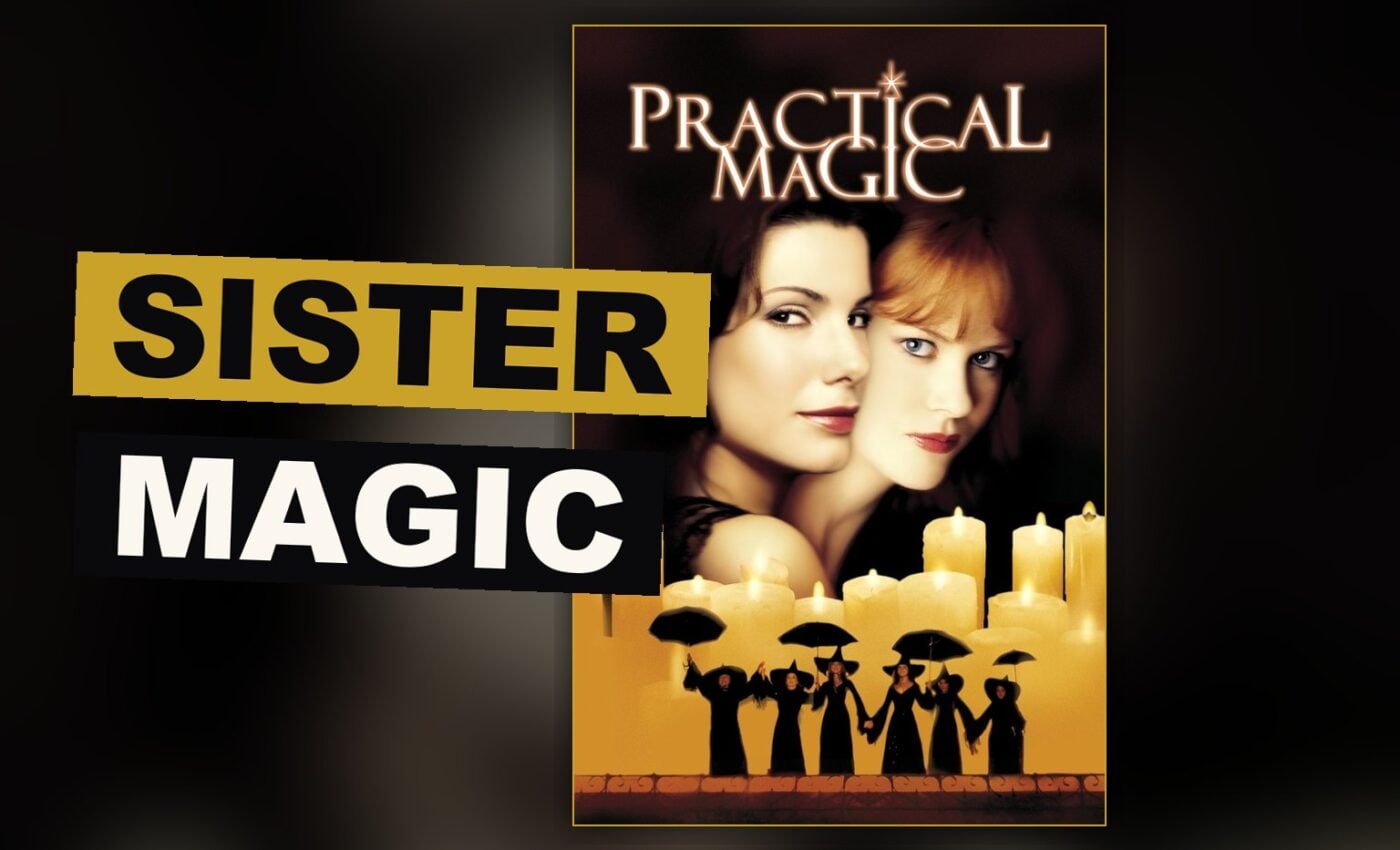 Two sisters stand together in a dim garden, magic in the air around them.