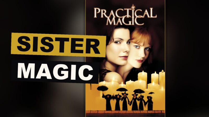 Two sisters stand together in a dim garden, magic in the air around them.