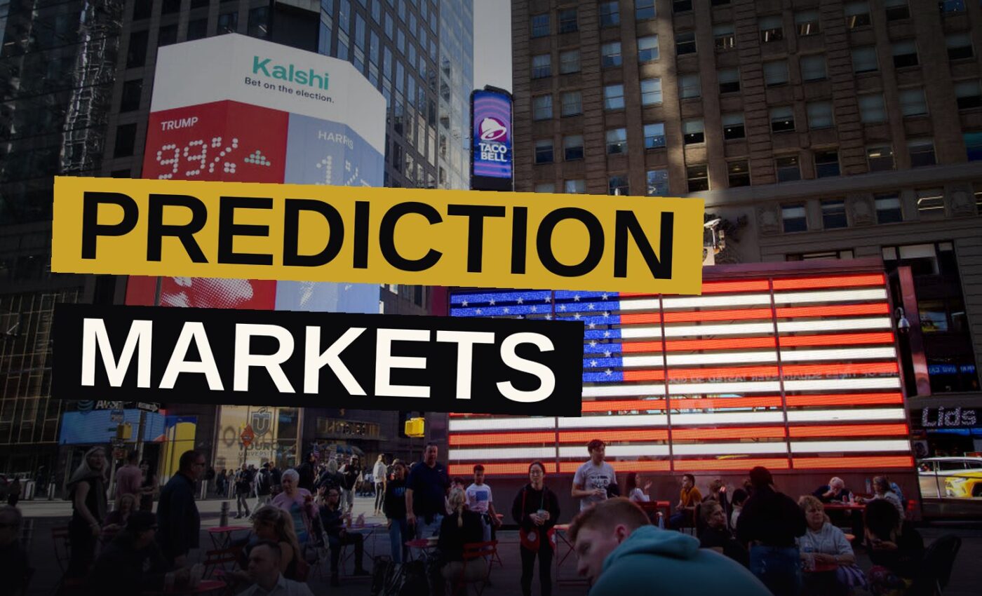A digital screen displaying fluctuating prediction market data for sports and political events.