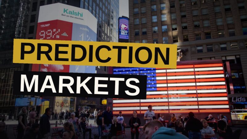 A digital screen displaying fluctuating prediction market data for sports and political events.