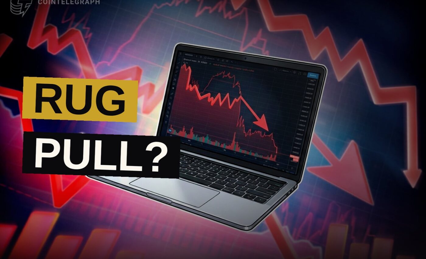 A laptop with a cracked screen displaying a plunging cryptocurrency chart, with coins falling around it in a dark, glowing setting.