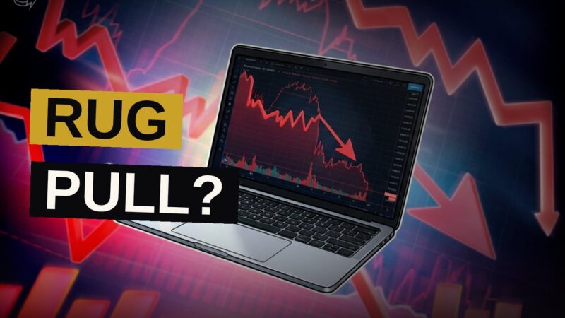 A laptop with a cracked screen displaying a plunging cryptocurrency chart, with coins falling around it in a dark, glowing setting.