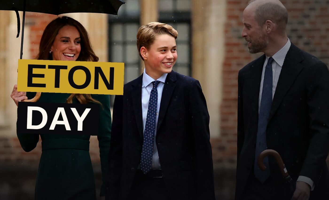Prince George in his Eton College uniform, leaning against a stone pillar in the schoolyard.