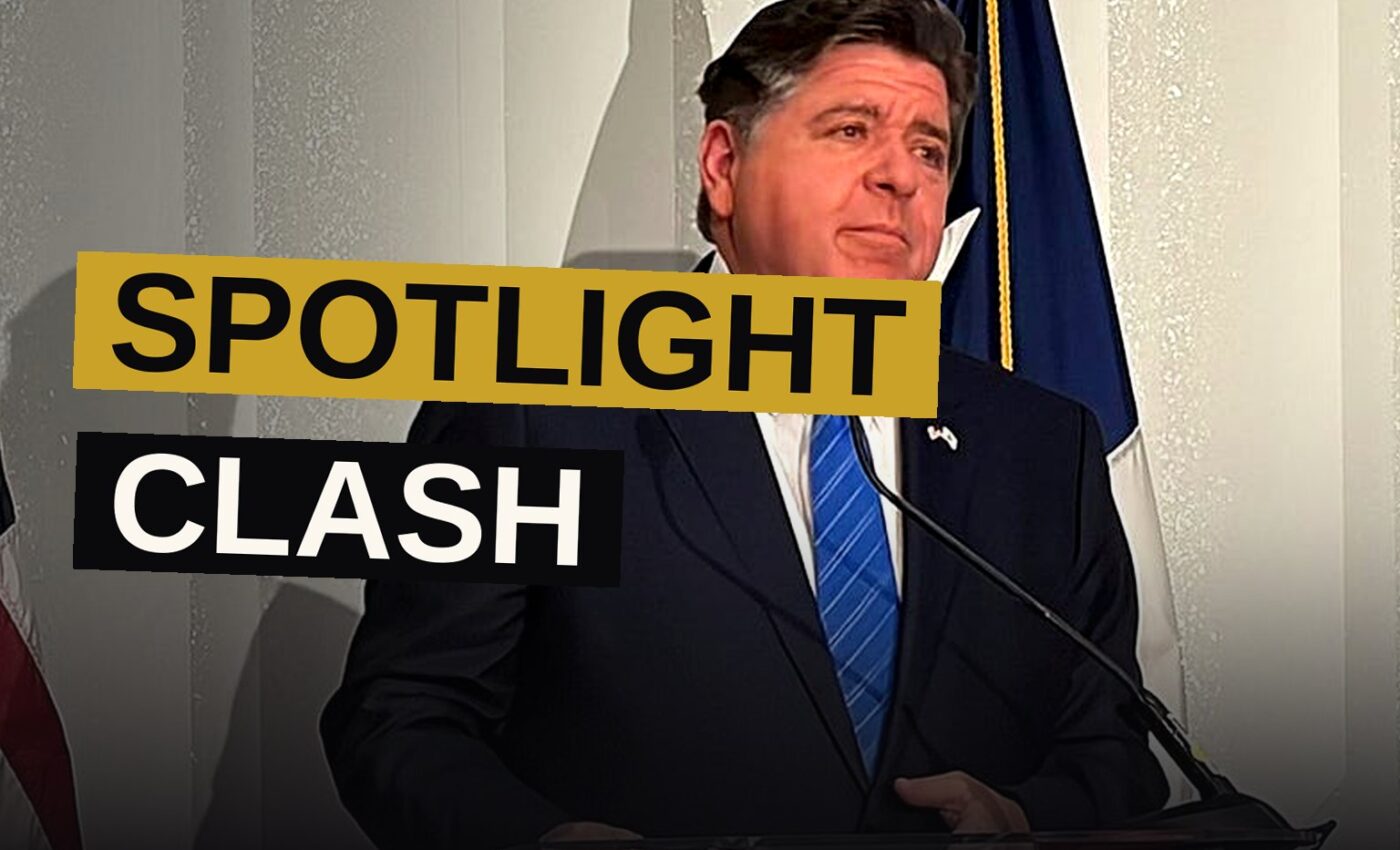 Illinois Gov. JB Pritzker speaks at a news conference outside the GOP convention venue in Dallas.