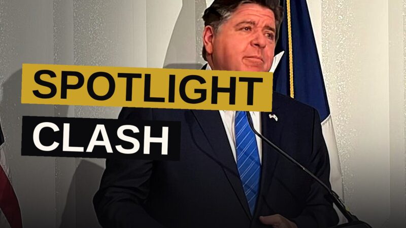 Illinois Gov. JB Pritzker speaks at a news conference outside the GOP convention venue in Dallas.