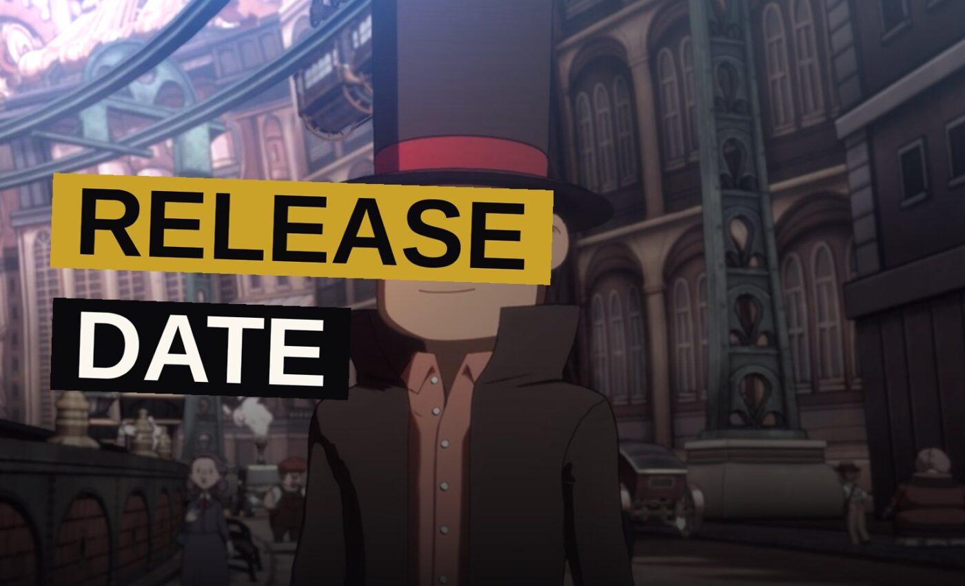 Professor Layton in his top hat stands in a steam-powered industrial town with gears and pipes.