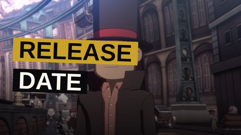 Professor Layton in his top hat stands in a steam-powered industrial town with gears and pipes.