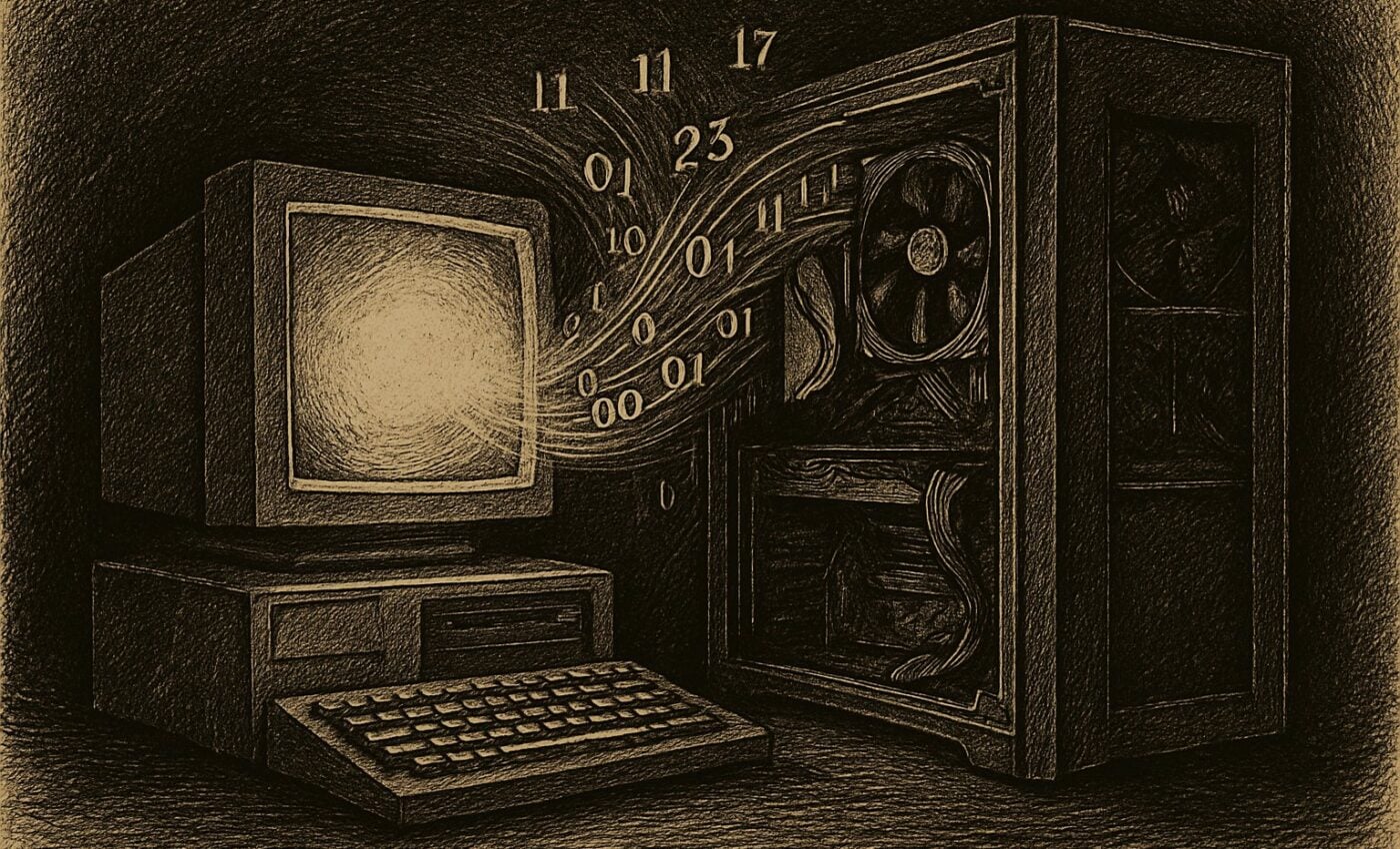 An old browser window beside a modern computer, numbers streaming between them like a thread joining old and new.