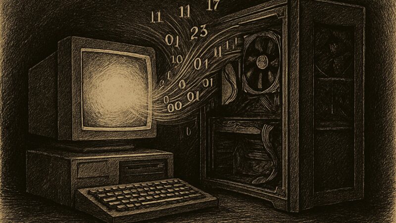 An old browser window beside a modern computer, numbers streaming between them like a thread joining old and new.