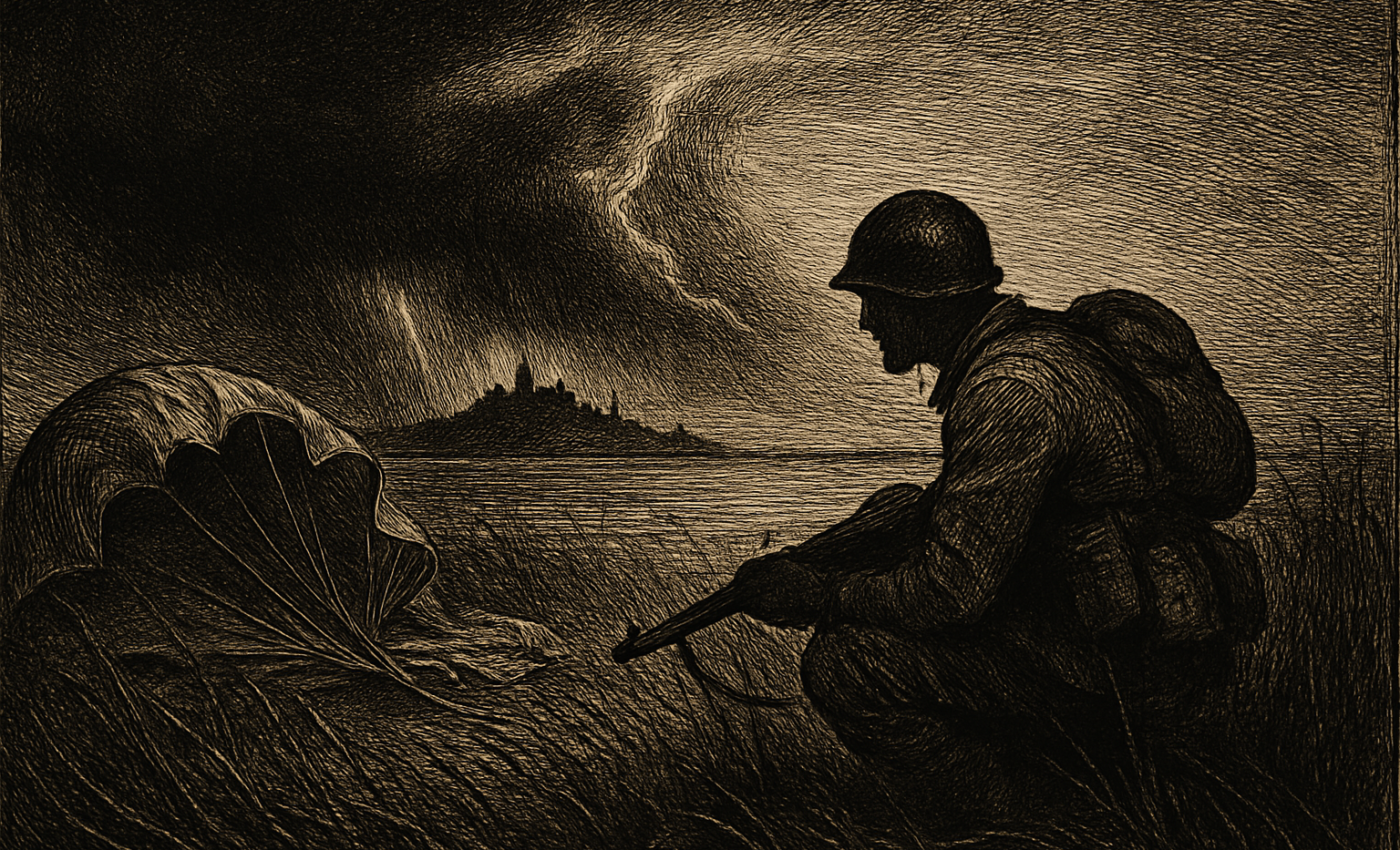 A player crouches in grass at sunset watching a distant blue storm zone close in on an island battlefield.