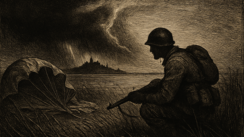 A player crouches in grass at sunset watching a distant blue storm zone close in on an island battlefield.