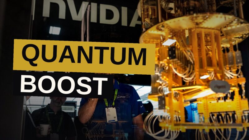 A close-up of a glowing quantum computing chip in a high-tech lab, symbolizing advanced technology and government investment.