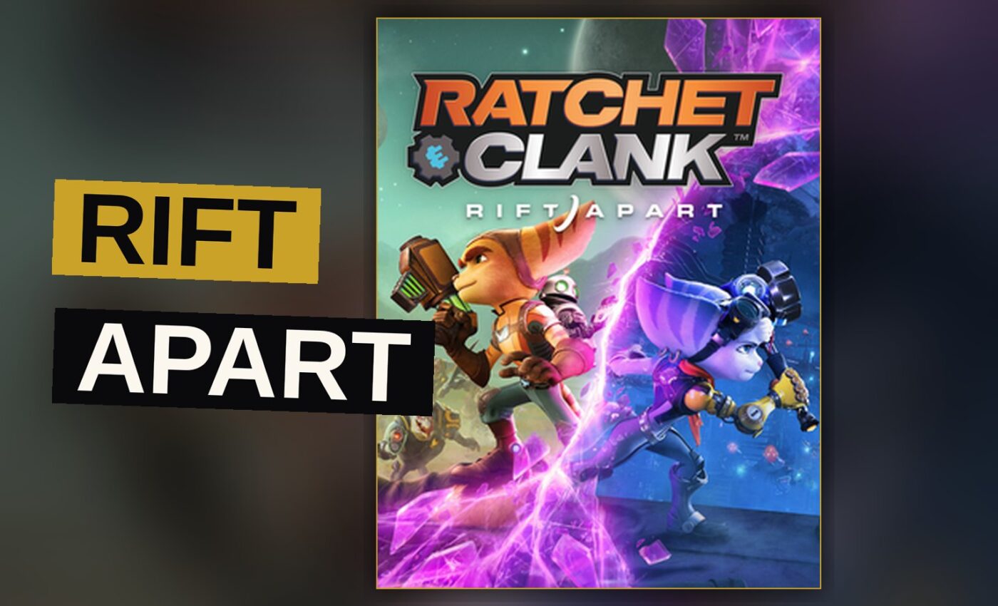 Ratchet and Rivet jump through a glowing portal, with a vibrant sci-fi city and crystal cavern visible through the rift.