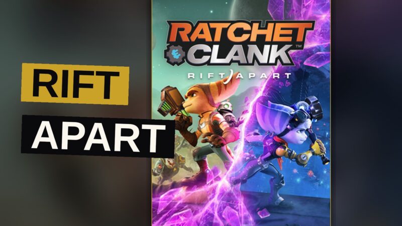 Ratchet and Rivet jump through a glowing portal, with a vibrant sci-fi city and crystal cavern visible through the rift.
