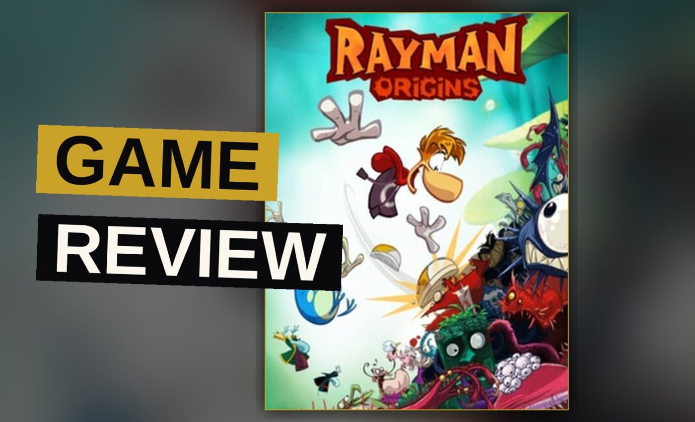 Rayman, a cartoon character with helicopter hair, jumps through a colorful jungle level while collecting glowing Lums.