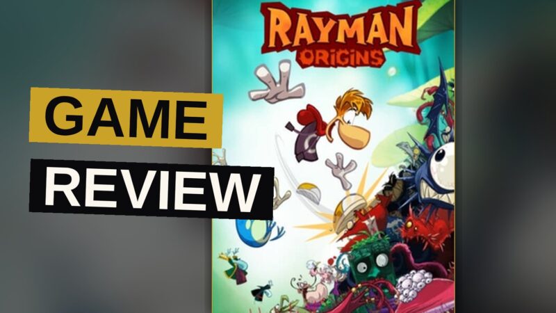 Rayman, a cartoon character with helicopter hair, jumps through a colorful jungle level while collecting glowing Lums.