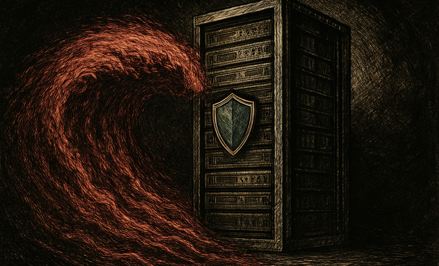 A server rack under a red digital flood, with a blue shield at the center.