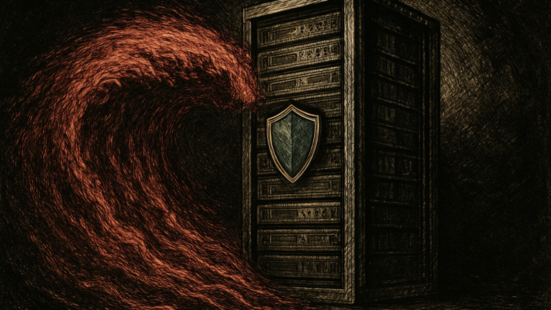 A server rack under a red digital flood, with a blue shield at the center.