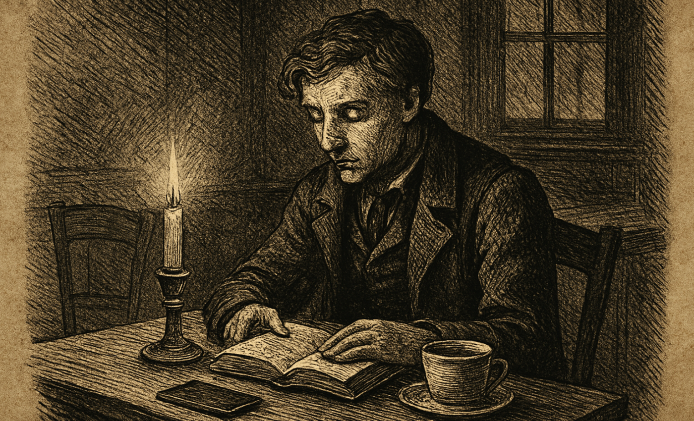 A man reads a book at a cafe table, his phone face-down beside him.