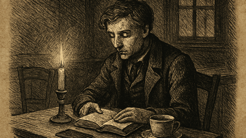 A man reads a book at a cafe table, his phone face-down beside him.