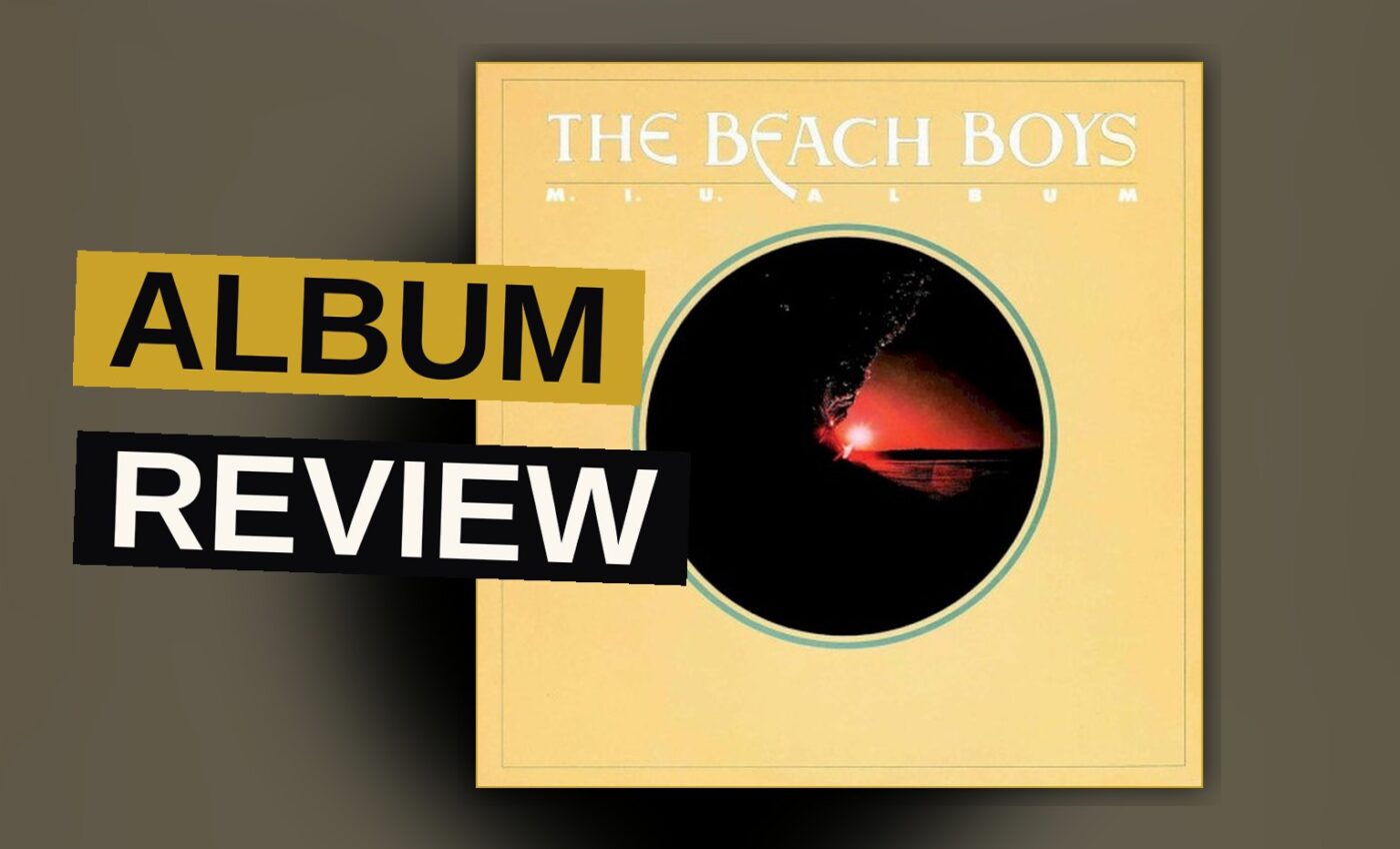 A sun-bleached album cover showing a beach with palm trees and a surfer, in warm faded colors.
