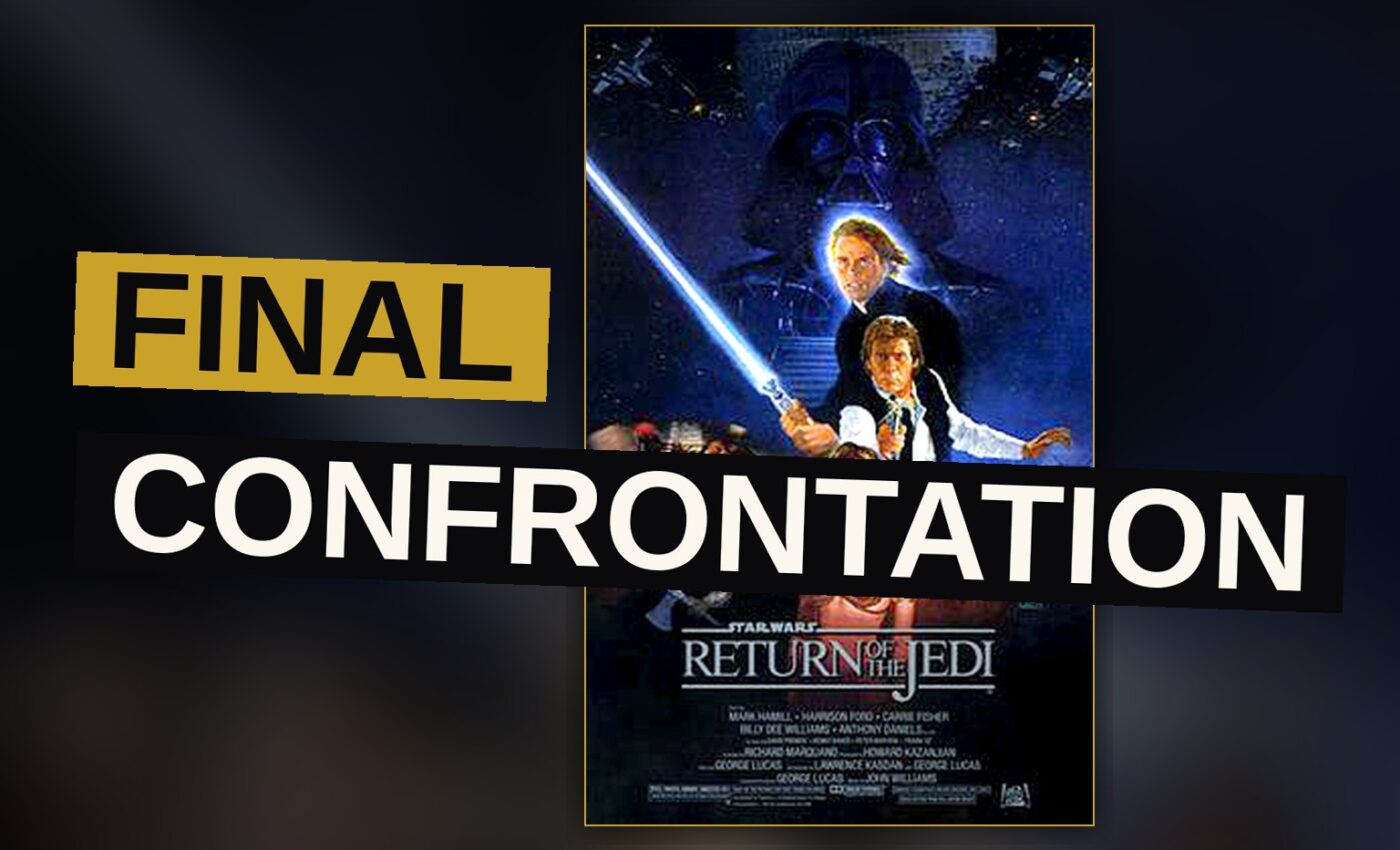 A Jedi stands before a dark lord on a shadowed battlefield beneath a distant starship.