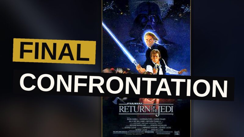 A Jedi stands before a dark lord on a shadowed battlefield beneath a distant starship.