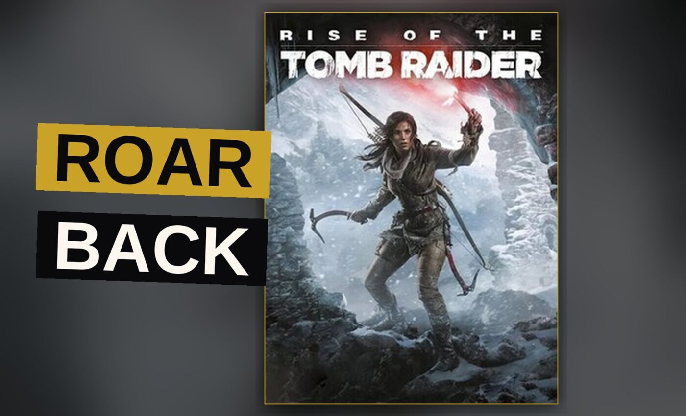 A tomb raider clings to a sheer icy face beneath a stormy sky.