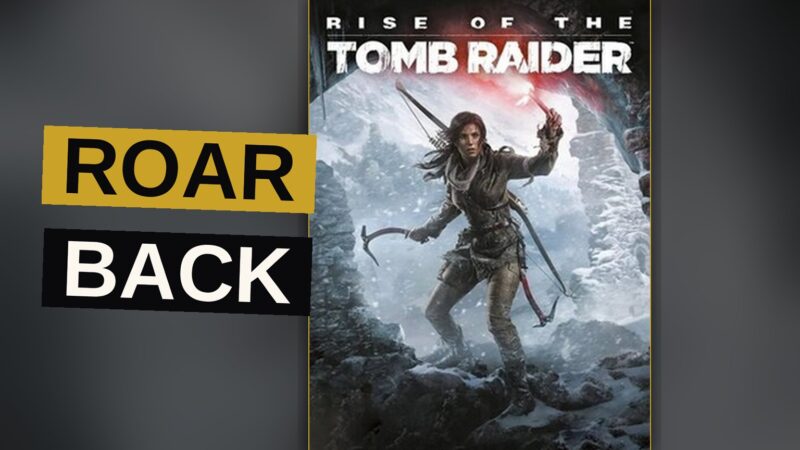 A tomb raider clings to a sheer icy face beneath a stormy sky.