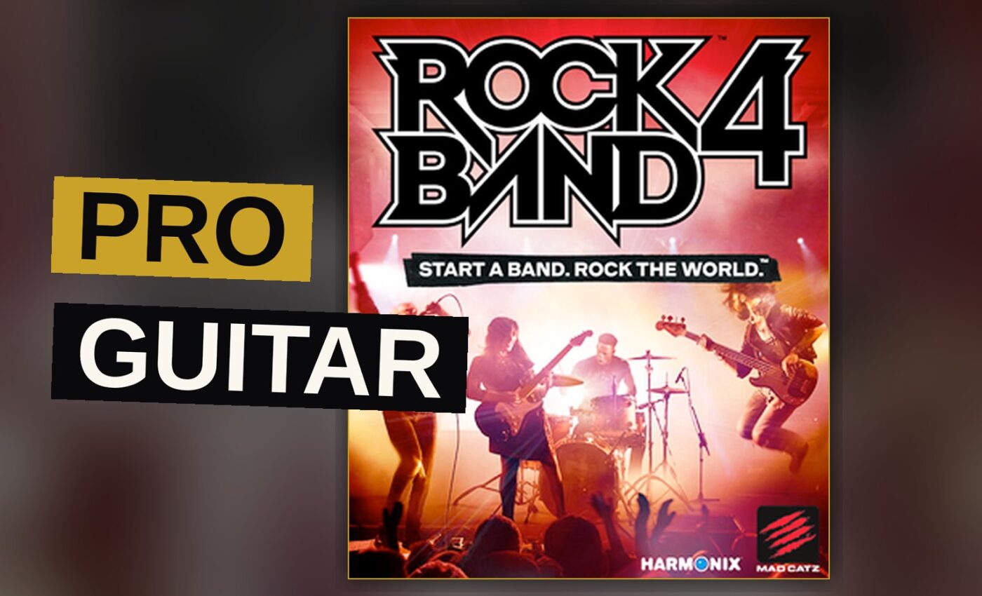 A band performs on a brightly lit stage with guitars, bass, drums, and microphones.