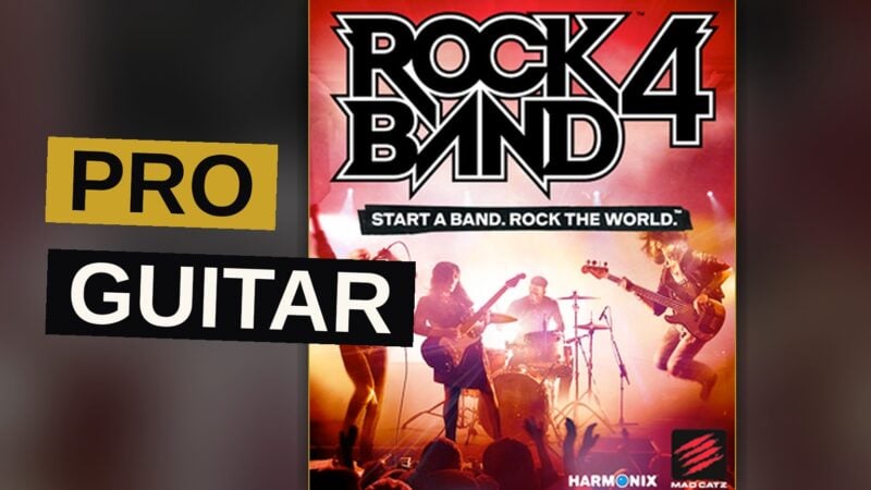 A band performs on a brightly lit stage with guitars, bass, drums, and microphones.
