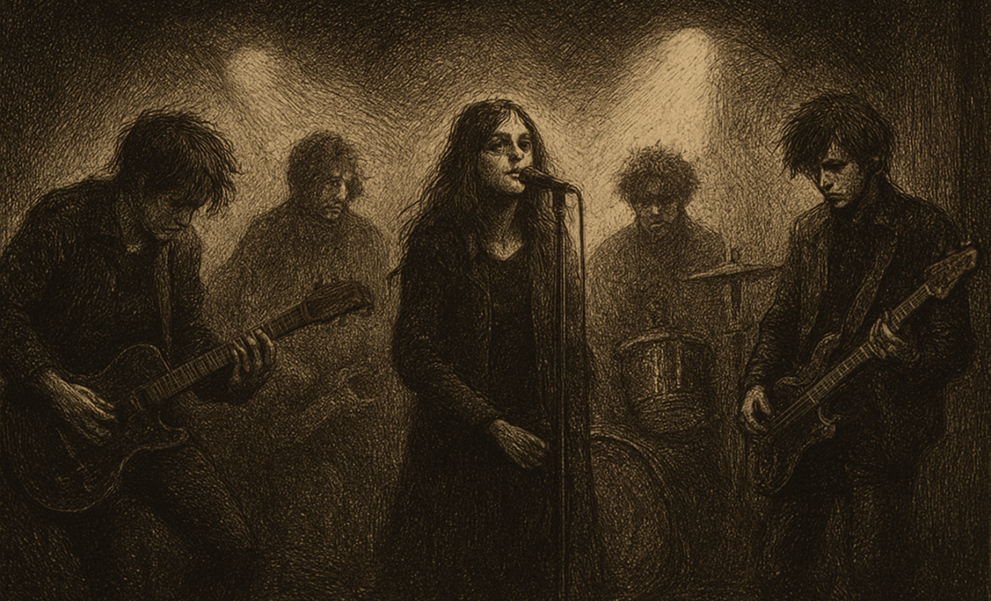 A band performs on a dark stage bathed in colored light, evoking a cinematic, dreamlike mood.