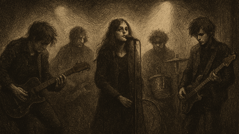 A band performs on a dark stage bathed in colored light, evoking a cinematic, dreamlike mood.