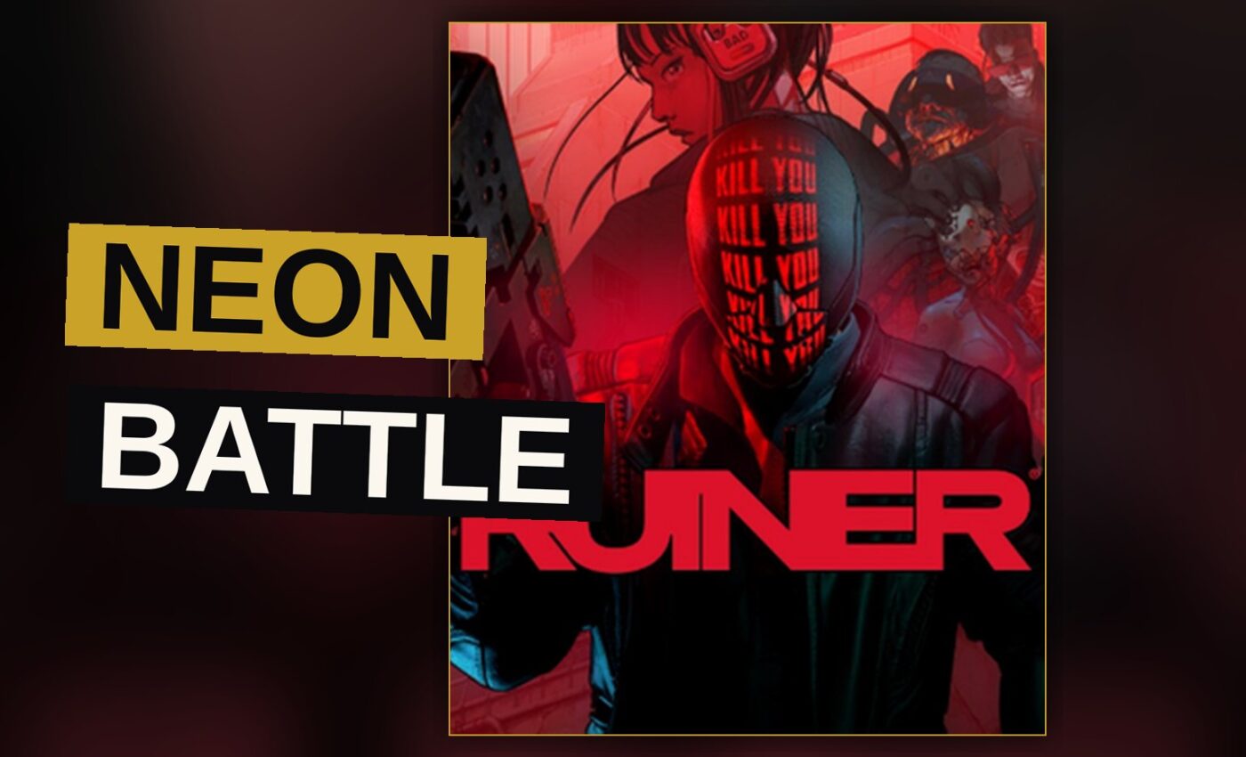 A lone hacker dashes through a neon-lit city filled with corporate towers during a battle.