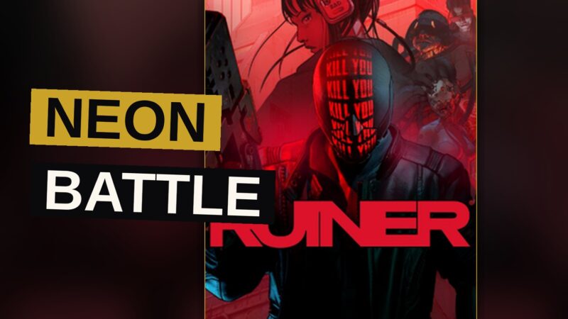 A lone hacker dashes through a neon-lit city filled with corporate towers during a battle.