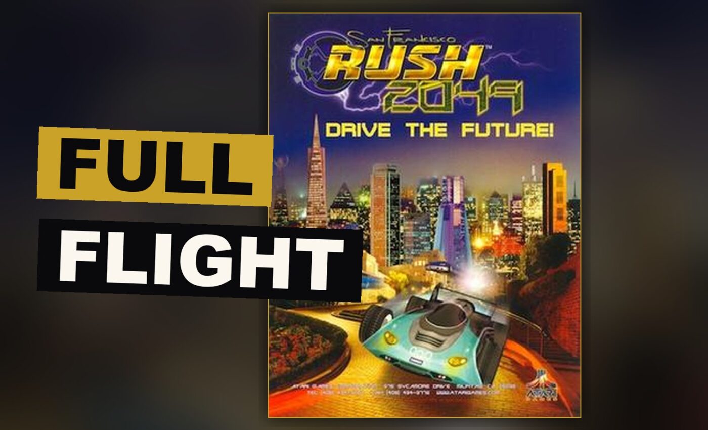 A car flies over a shining city street while another races below through a narrow secret path.