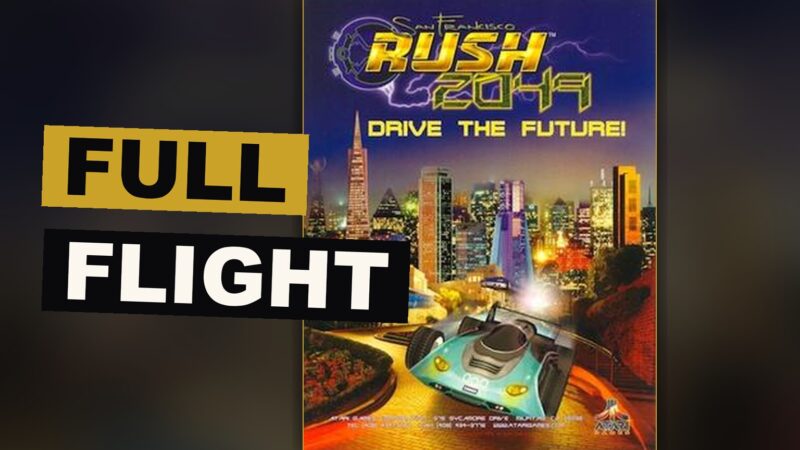 A car flies over a shining city street while another races below through a narrow secret path.