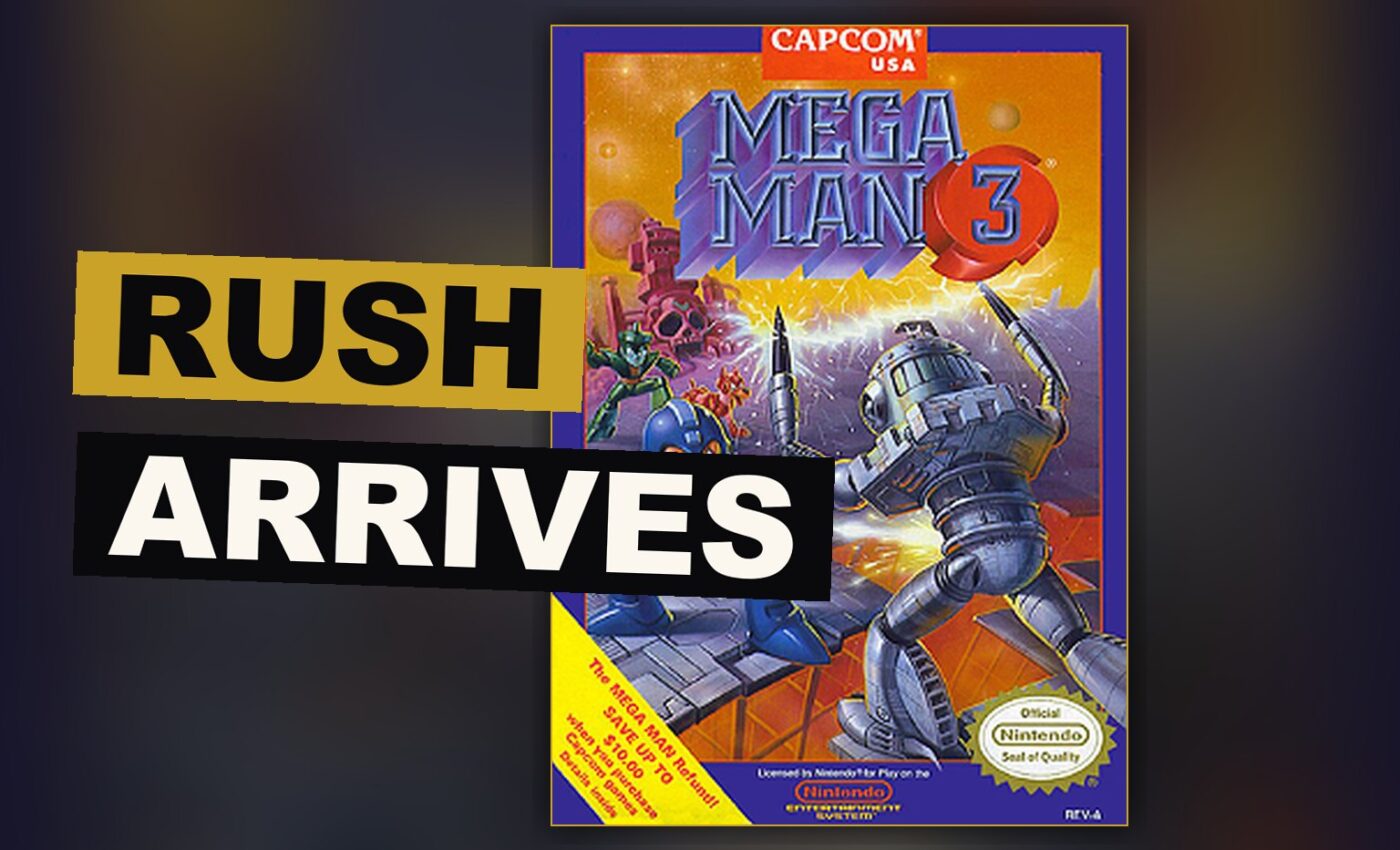 Mega Man moves beneath danger while Rush flies near him through a stage filled with peril.