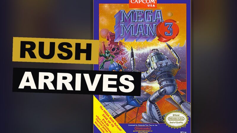 Mega Man moves beneath danger while Rush flies near him through a stage filled with peril.
