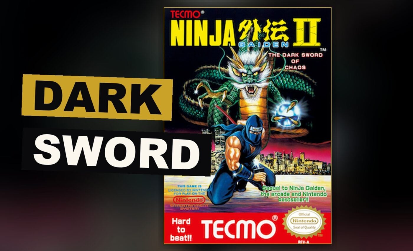 A ninja holds a dark sword while scaling a narrow passage amid many foes.