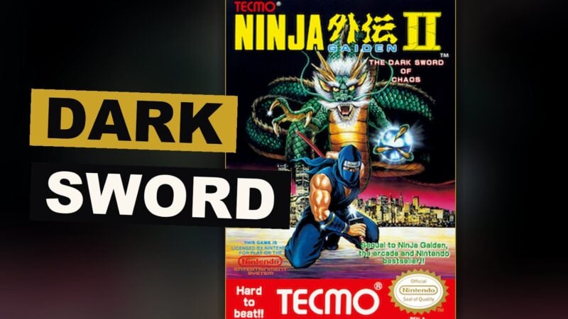 A ninja holds a dark sword while scaling a narrow passage amid many foes.