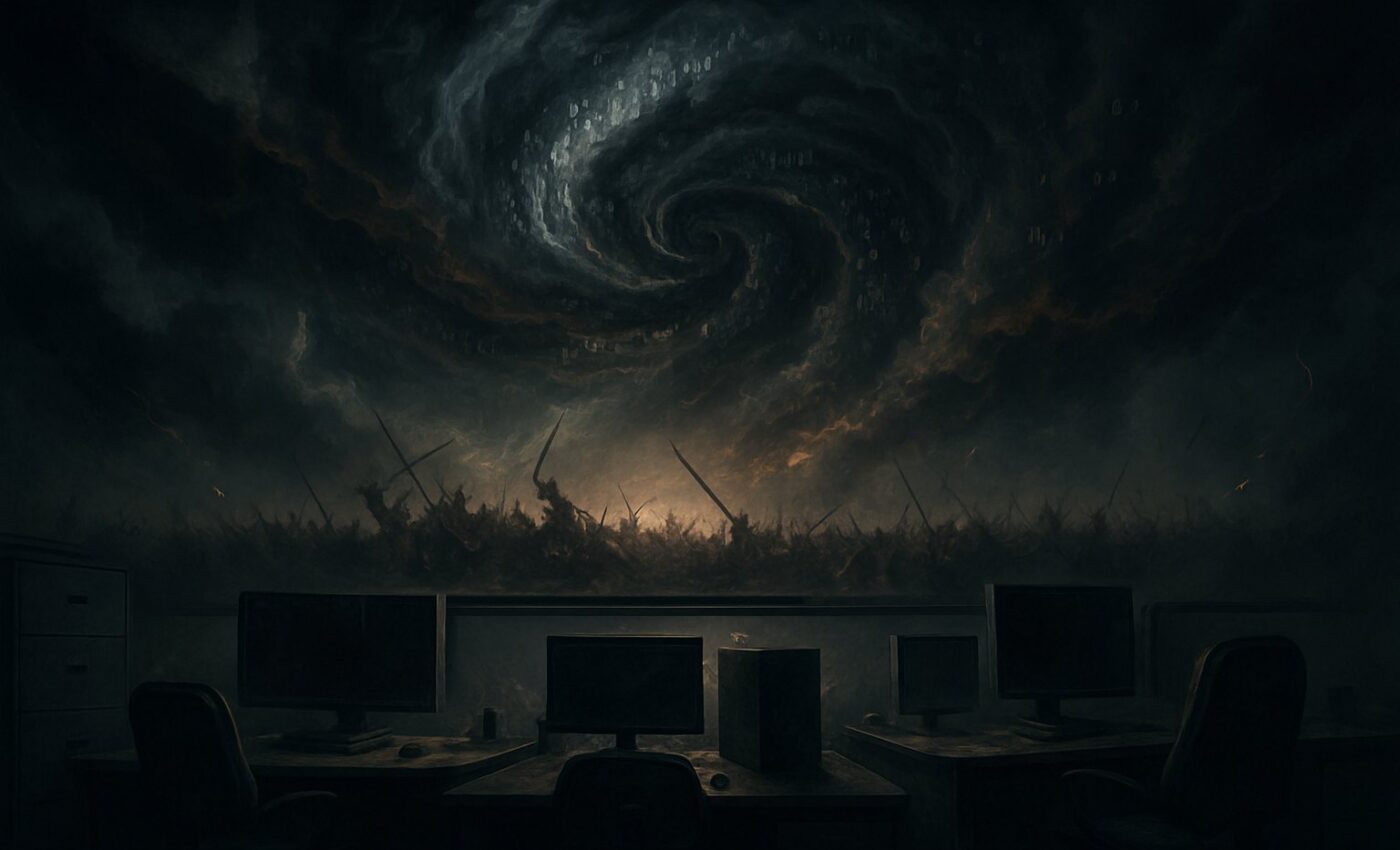 A tempest of swirling clouds and code sits above a shadowed studio, sign of controversy and quiet resolve.