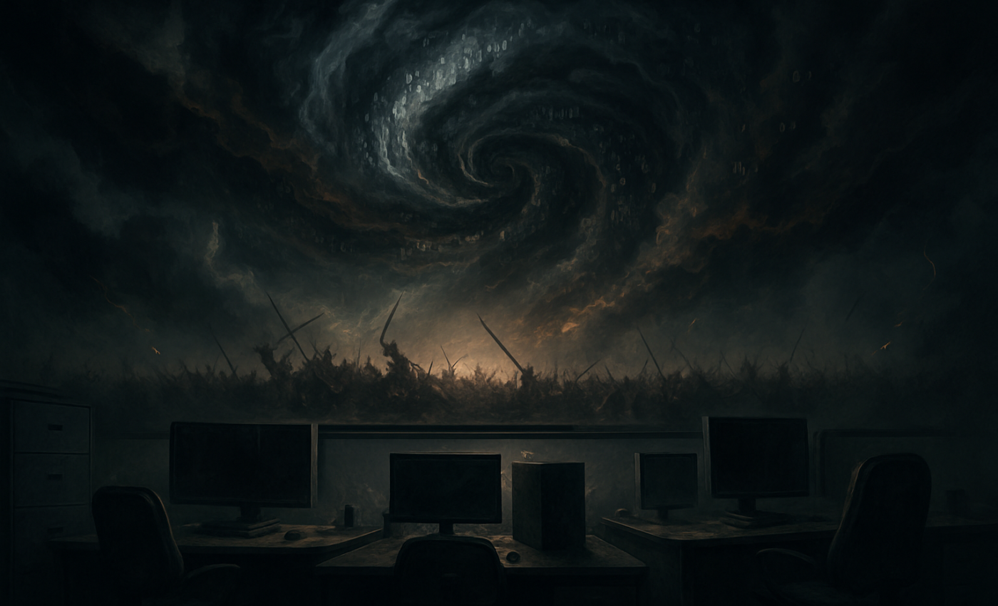 A tempest of swirling clouds and code sits above a shadowed studio, sign of controversy and quiet resolve.