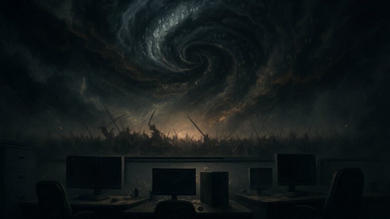 A tempest of swirling clouds and code sits above a shadowed studio, sign of controversy and quiet resolve.