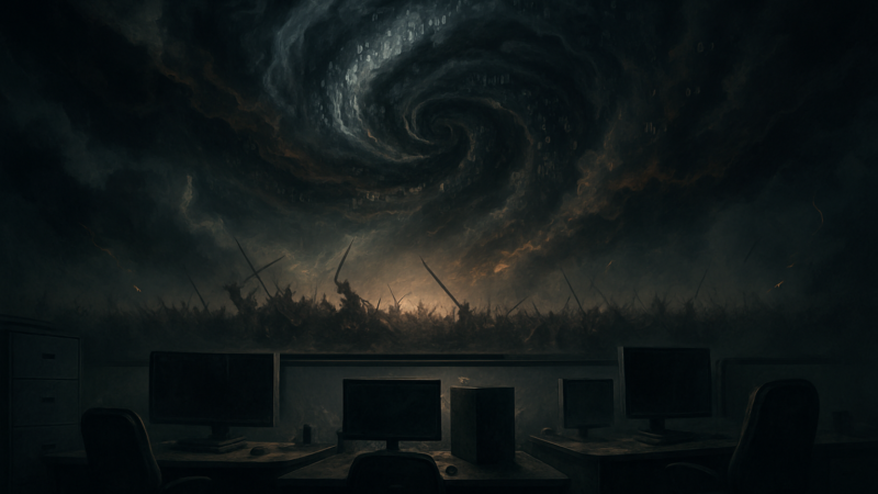 A tempest of swirling clouds and code sits above a shadowed studio, sign of controversy and quiet resolve.