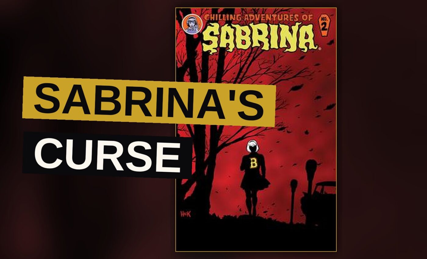 A young witch stands amid shadowy trees and flickering lights, caught in a moment of dread.