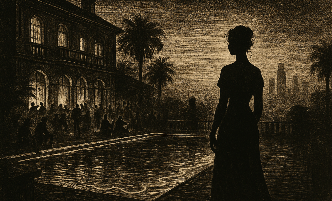 A glossy nighttime pool party scene evoking the hollow glamour of a troubled pop star's world.