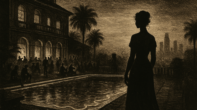 A glossy nighttime pool party scene evoking the hollow glamour of a troubled pop star's world.